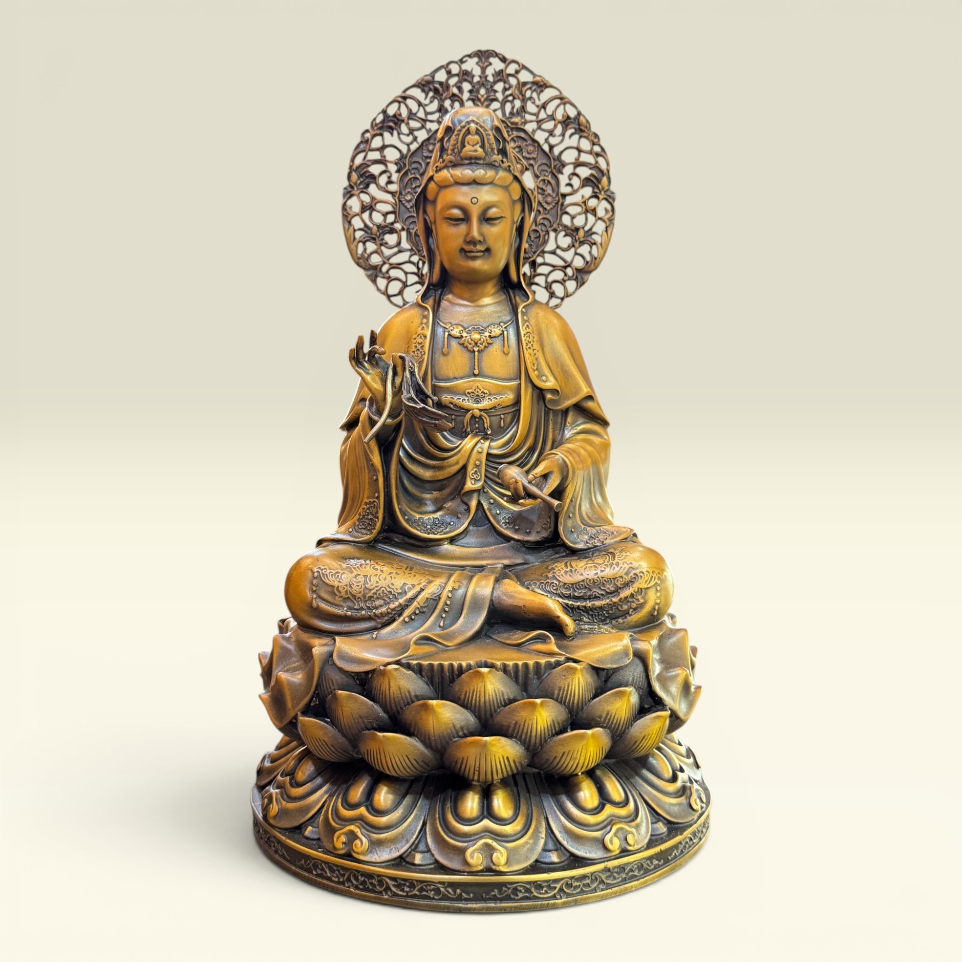 Tượng Quan Âm Bồ Tát Đồng Hào Quang Cao 34cm