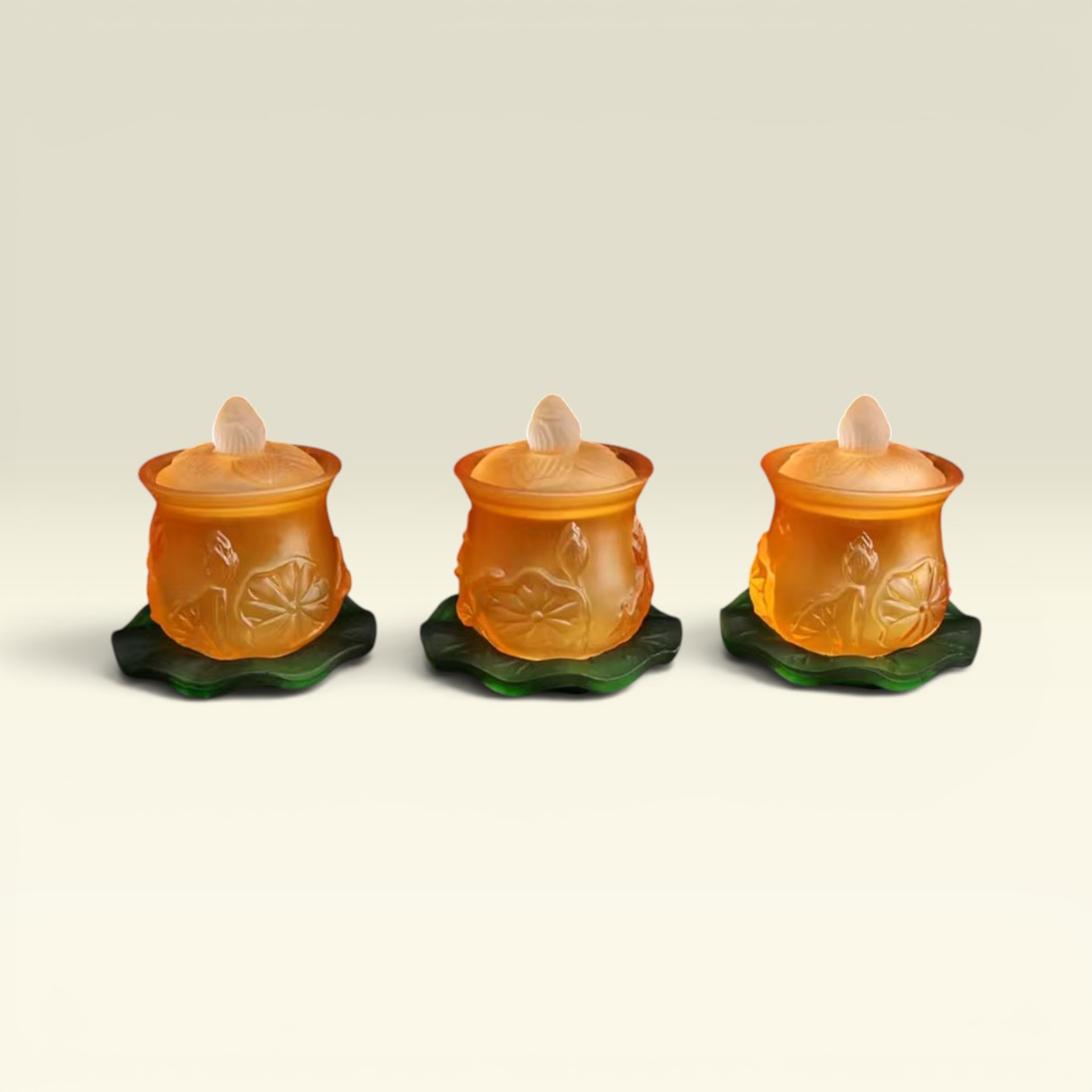 Bộ 3 Chum Nước Lưu Ly Thờ Cúng Cao Cấp – Màu Vàng Hổ Phách – Đặt Bàn Thờ Phật, Thần Tài