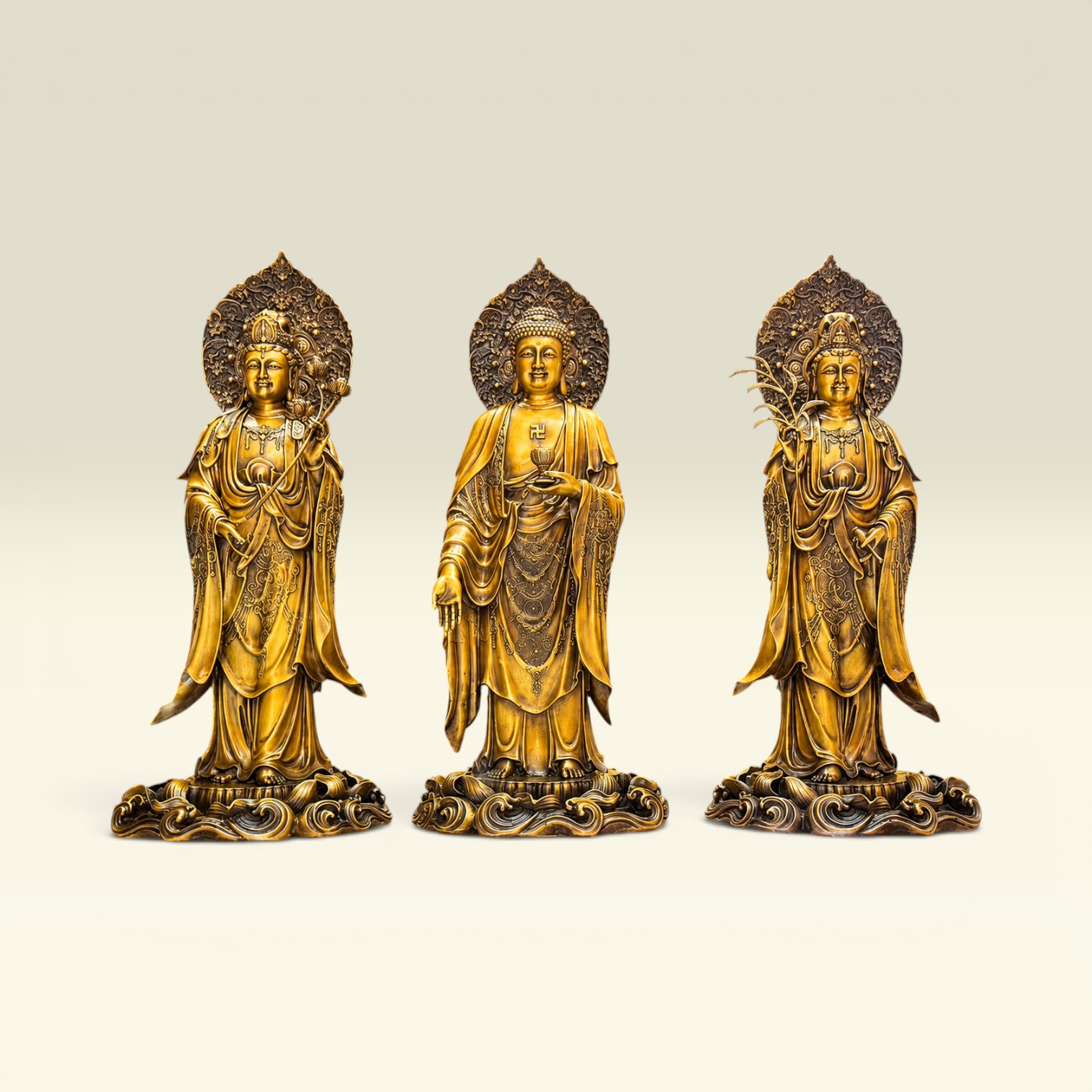 Bộ Tam Thế Phật Hào Quang 58cm Đồng Cao Cấp Vạn Kim Đại Cát