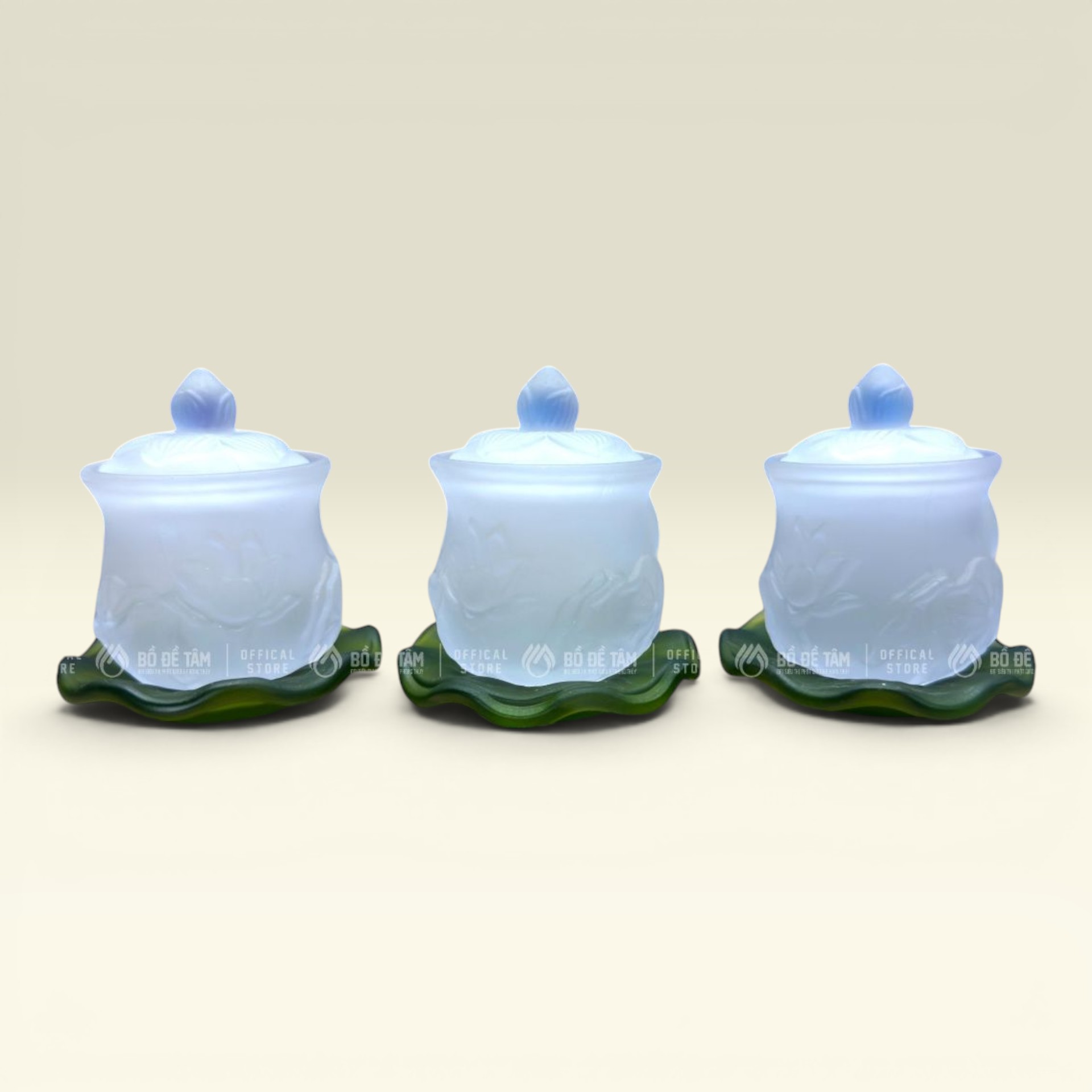 Bộ 3 Chum Nước Lưu Ly Thờ Cúng Cao Cấp, Màu Trắng Họa Tiết Hoa Sen, Bàn Thờ Phật, Gia Tiên