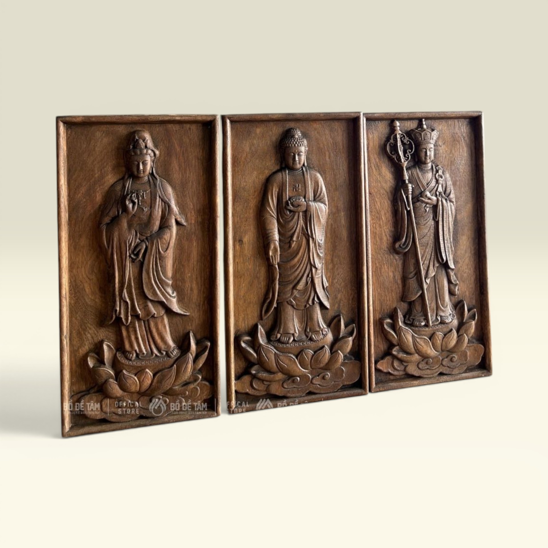 Tranh Gỗ Bộ Tam Thánh 20x40cm Treo Tường – Phật A Di Đà, Quán Âm, Địa Tạng | Vạn Kim Đại Cát