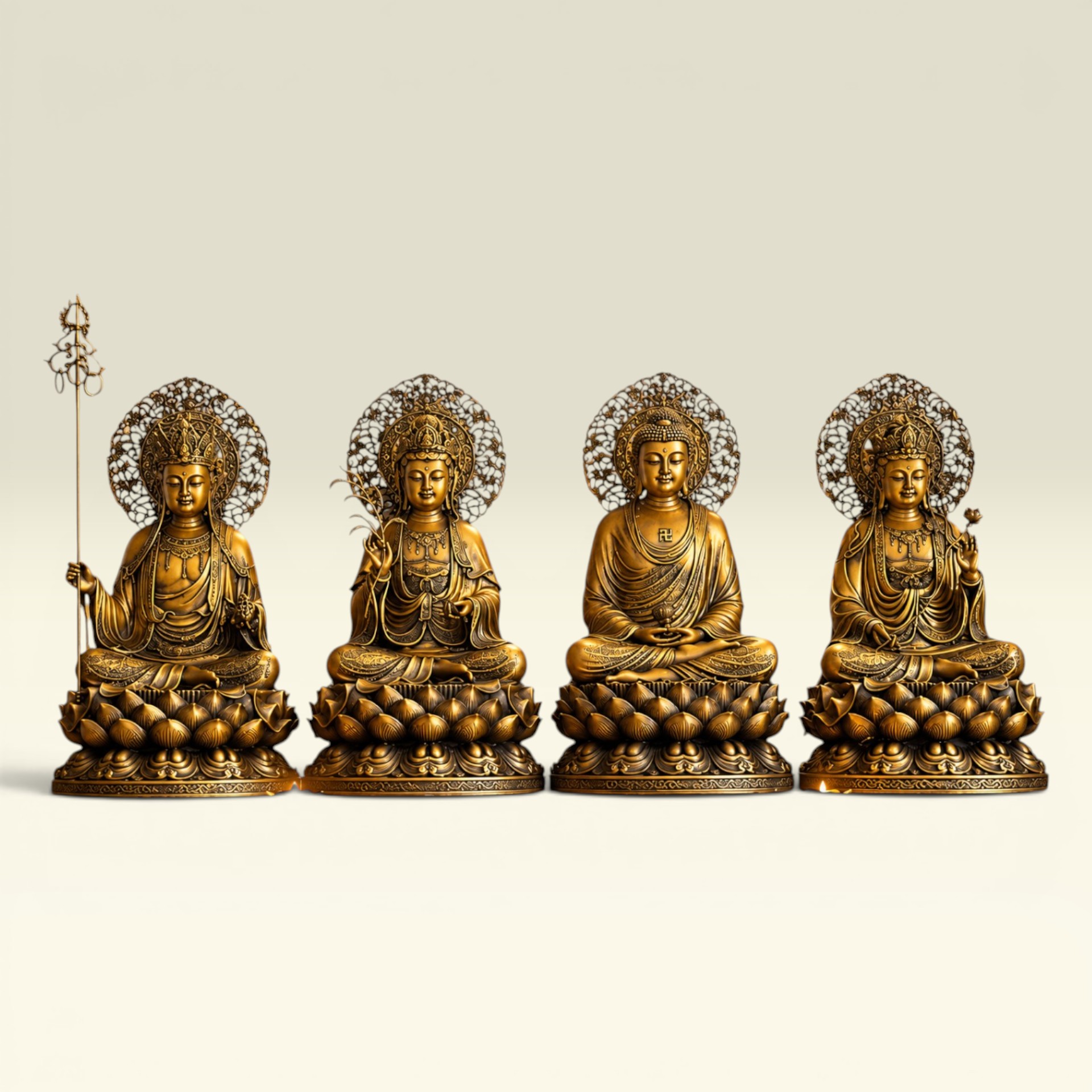 Bộ Tam Thế Phật + Địa Tạng Hào Quang 30cm Bằng Đồng - Vạn Kim Đại Cát