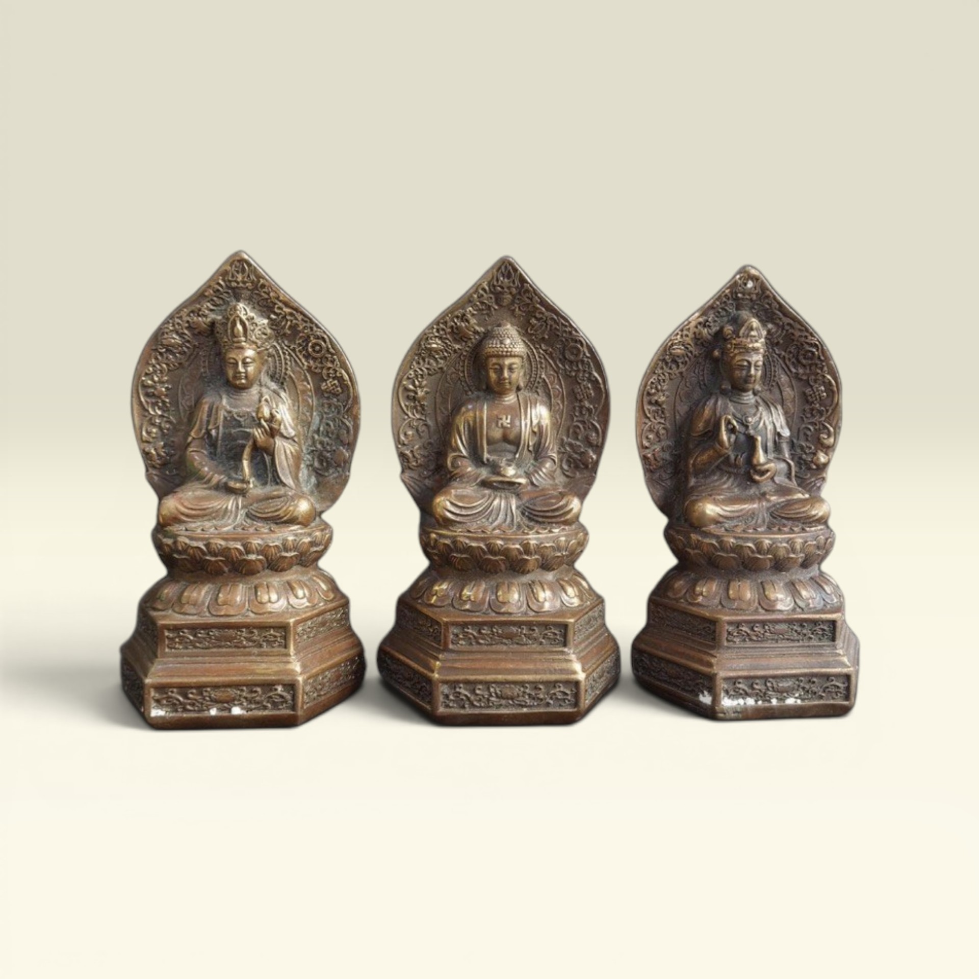 Tượng Tam Thế Phật Bằng Đồng Cao 15cm - Vạn Kim Đại Cát