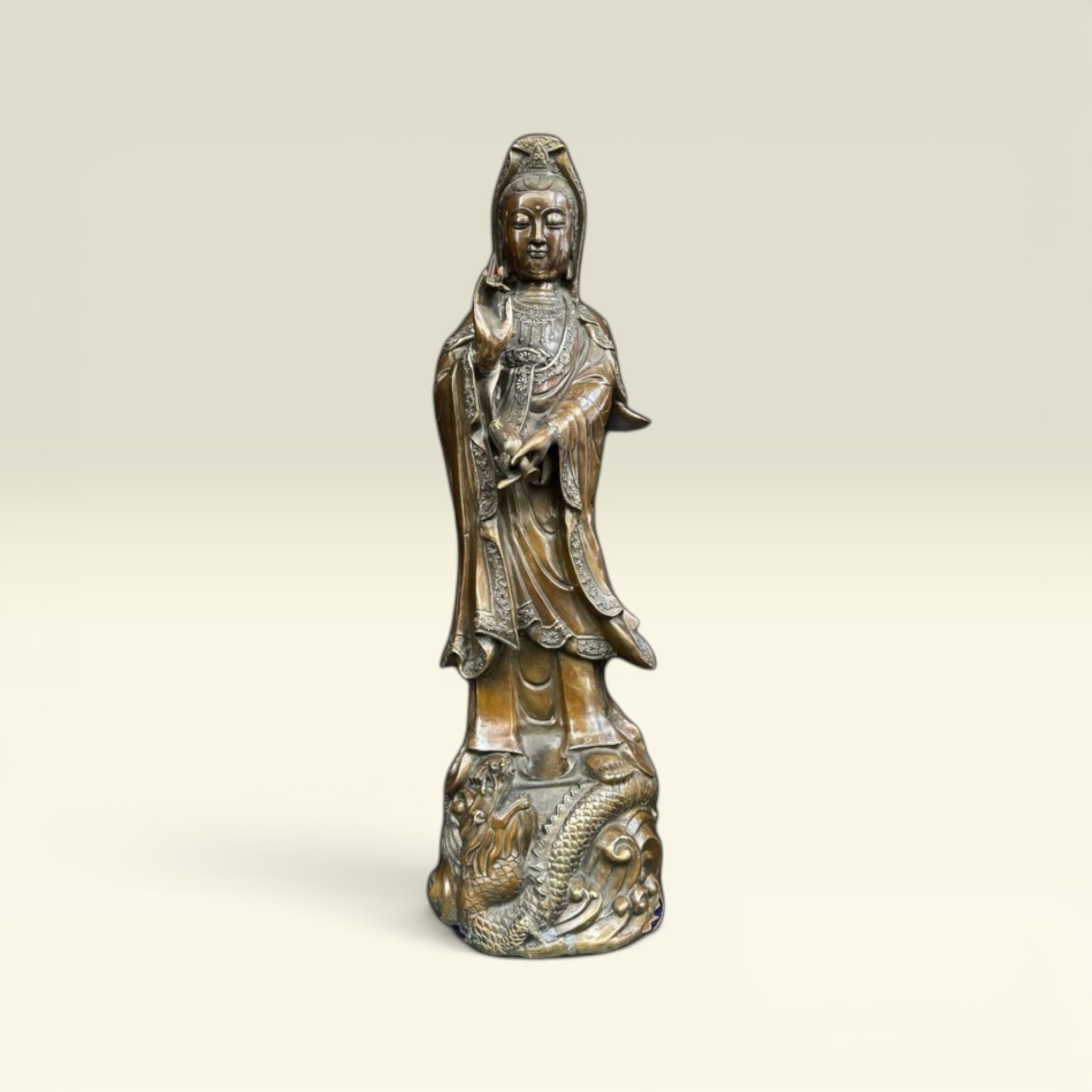 Tượng Bồ Tát Phật Quan Thế Âm Bồ Tát, Tượng Mẹ Quan Âm Đứng Rồng- Tượng Đồng Thờ Cúng - Vạn Kim Đại Cát