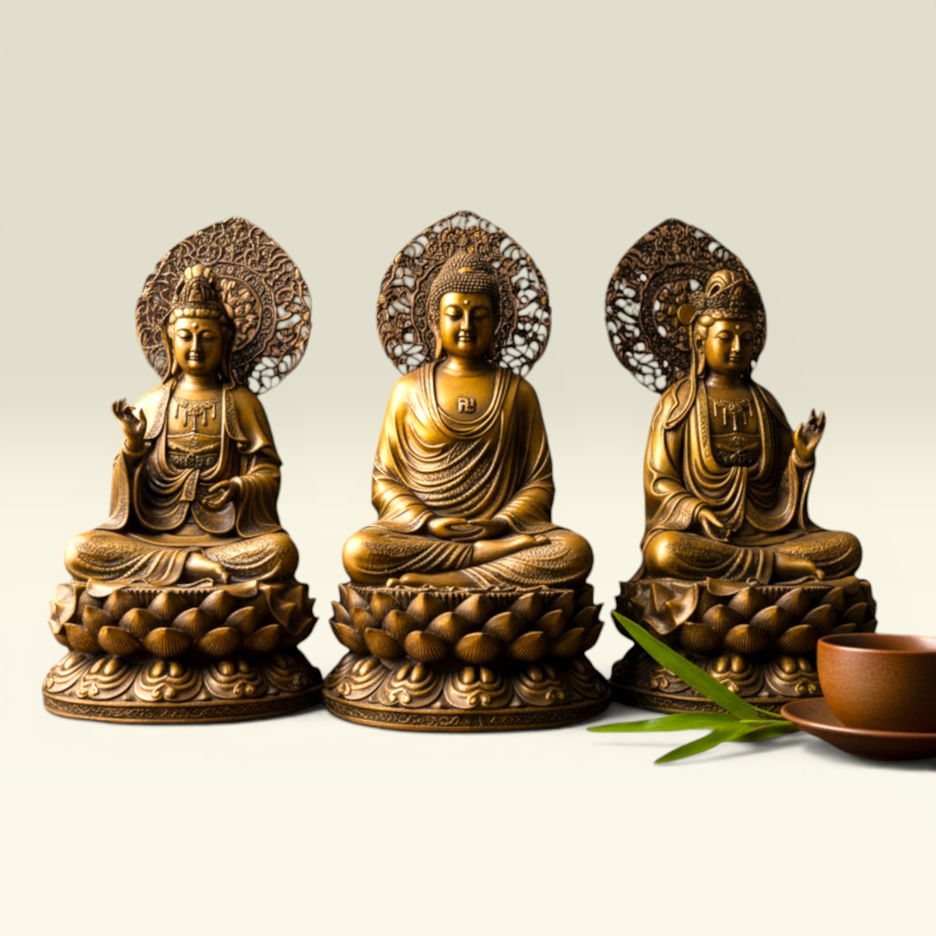 Bộ Tam Thế Phật 48cm Hào Quang Đồng Cao Cấp Vạn Kim Đại Cát